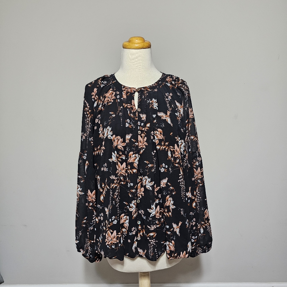My Danielle Black Floral Peasant Blouse Long Sleeve